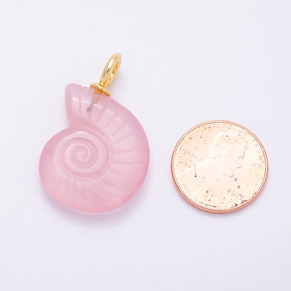 18K Gold Filled 32.5mm Rose Quartz Nautilus Sea Shell Drop Pendant | Charms-01276