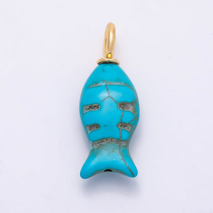18K Gold Filled 32.5mm Turquoise Fish Gemstone Drop Charm | Charms-01347