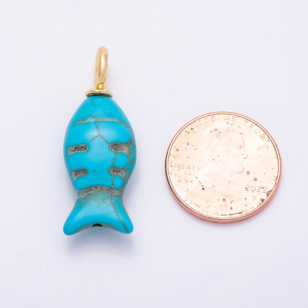 18K Gold Filled 32.5mm Turquoise Fish Gemstone Drop Charm | Charms-01347