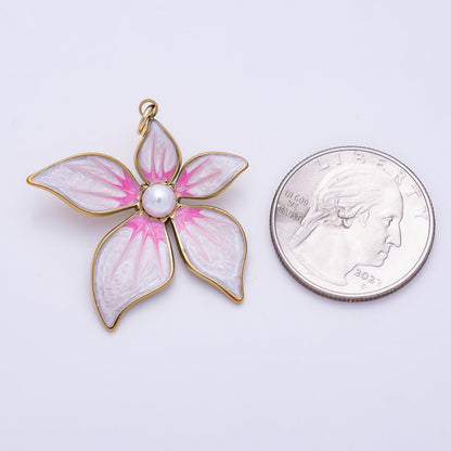 18K Gold Filled 32mm Shell Pearl Pink Enamel Flower Charm | Charms-01432