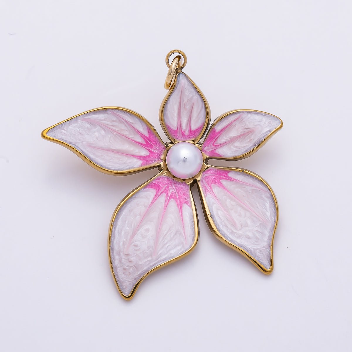 18K Gold Filled 32mm Shell Pearl Pink Enamel Flower Charm | Charms-01432