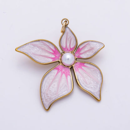 18K Gold Filled 32mm Shell Pearl Pink Enamel Flower Charm | Charms-01432