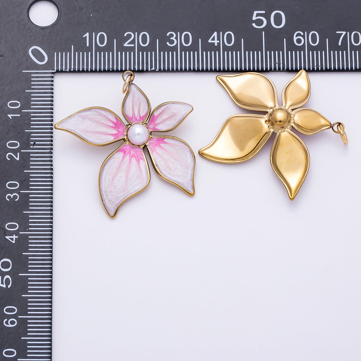 18K Gold Filled 32mm Shell Pearl Pink Enamel Flower Charm | Charms-01432