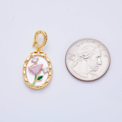 18K Gold Filled 33mm Shell Pearl CZ Flower Artisan Bezel Oval Snap Drop Bail Pendant | AH818