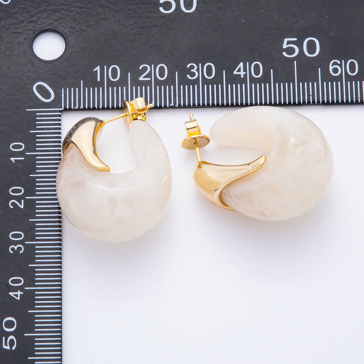 18K Gold Filled 35mm Blue, White, Brown Resin J-Shaped Hoop Earrings | AJ249 - AJ252