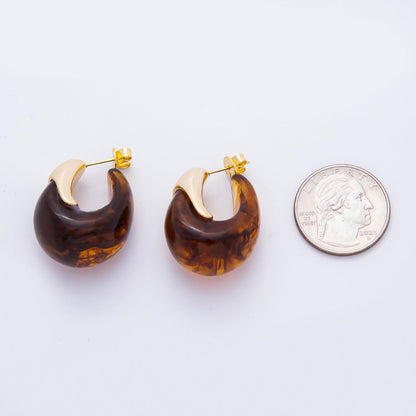 18K Gold Filled 35mm Blue, White, Brown Resin J-Shaped Hoop Earrings | AJ249 - AJ252