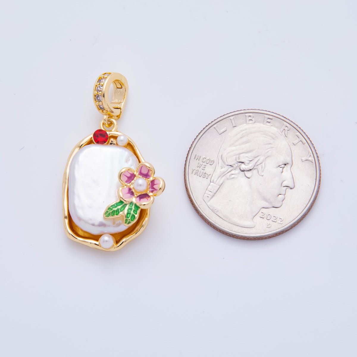 18K Gold Filled 34mm Freshwater Pearl  Flower Micro Paved CZ Drop Rondelle Pendant | AH817