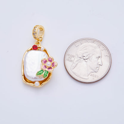 18K Gold Filled 34mm Freshwater Pearl  Flower Micro Paved CZ Drop Rondelle Pendant | AH817