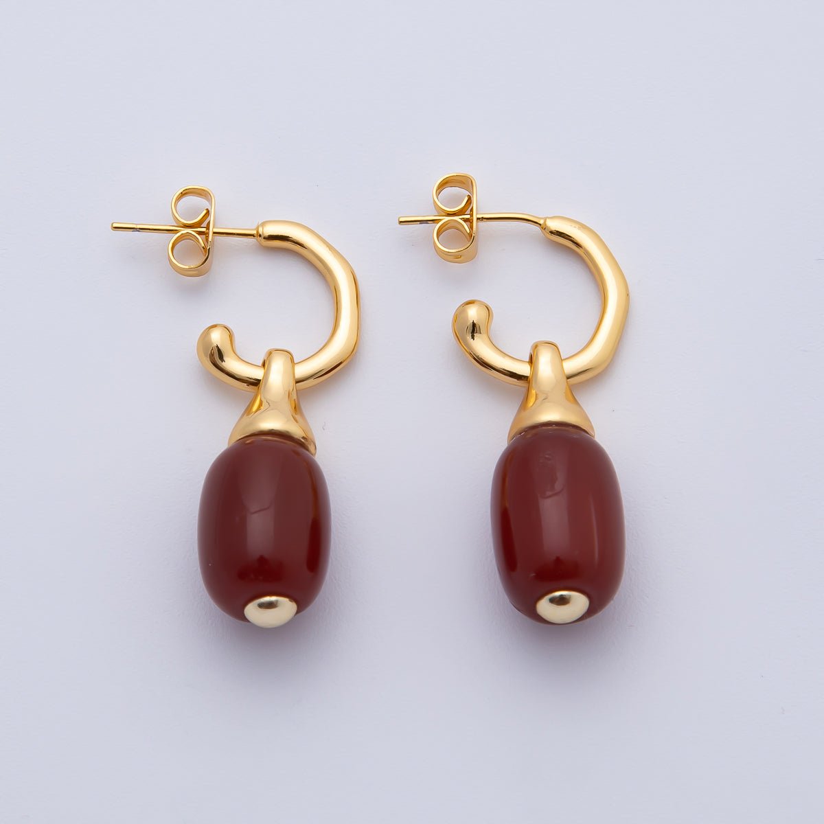 18K Gold Filled 35.5mm Red Carnelian Oval Gemstone Drop Molten C-Shaped Hoop Earrings | AD1586