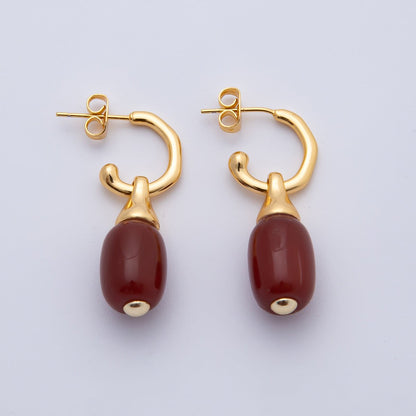 18K Gold Filled 35.5mm Red Carnelian Oval Gemstone Drop Molten C-Shaped Hoop Earrings | AD1586