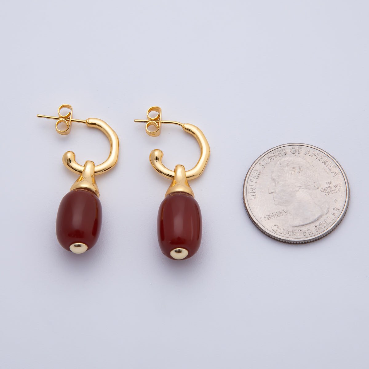 18K Gold Filled 35.5mm Red Carnelian Oval Gemstone Drop Molten C-Shaped Hoop Earrings | AD1586