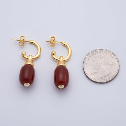 18K Gold Filled 35.5mm Red Carnelian Oval Gemstone Drop Molten C-Shaped Hoop Earrings | AD1586