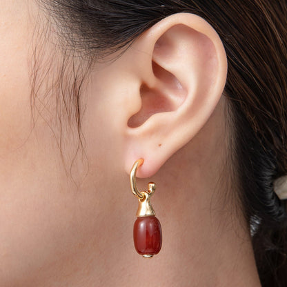 18K Gold Filled 35.5mm Red Carnelian Oval Gemstone Drop Molten C-Shaped Hoop Earrings | AD1586