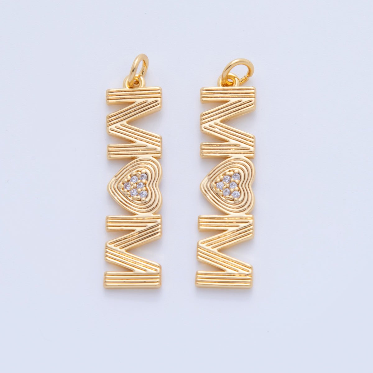 18K Gold Filled 35mm Micro Paved CZ Groovy Lined "MOM" Charm | AF348