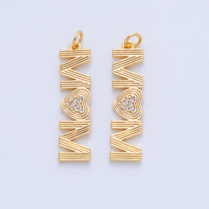 18K Gold Filled 35mm Micro Paved CZ Groovy Lined "MOM" Charm | AF348