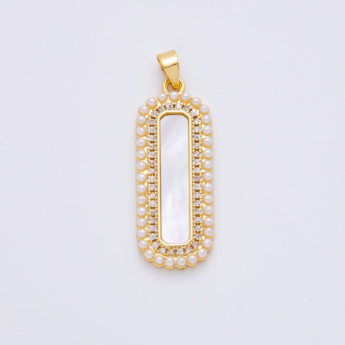 18K Gold Filled 35mm Micro Paved CZ Shell Pearl Long Bar Charm | AF1114