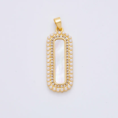 18K Gold Filled 35mm Micro Paved CZ Shell Pearl Long Bar Charm | AF1114