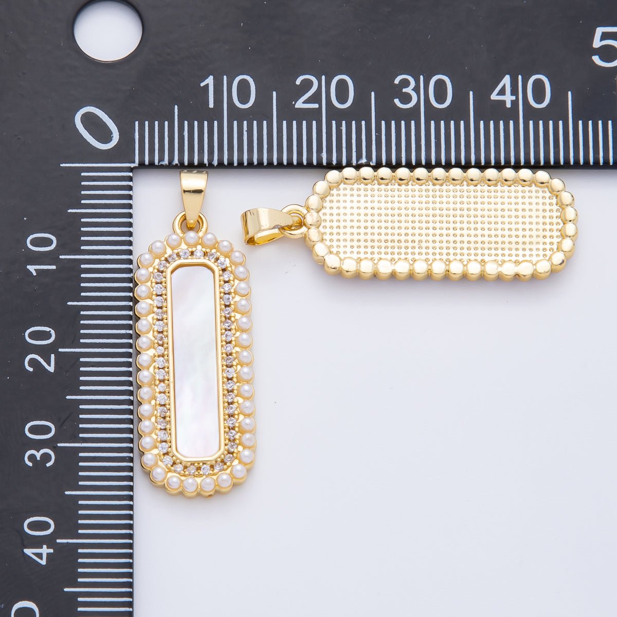 18K Gold Filled 35mm Micro Paved CZ Shell Pearl Long Bar Charm | AF1114