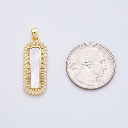 18K Gold Filled 35mm Micro Paved CZ Shell Pearl Long Bar Charm | AF1114