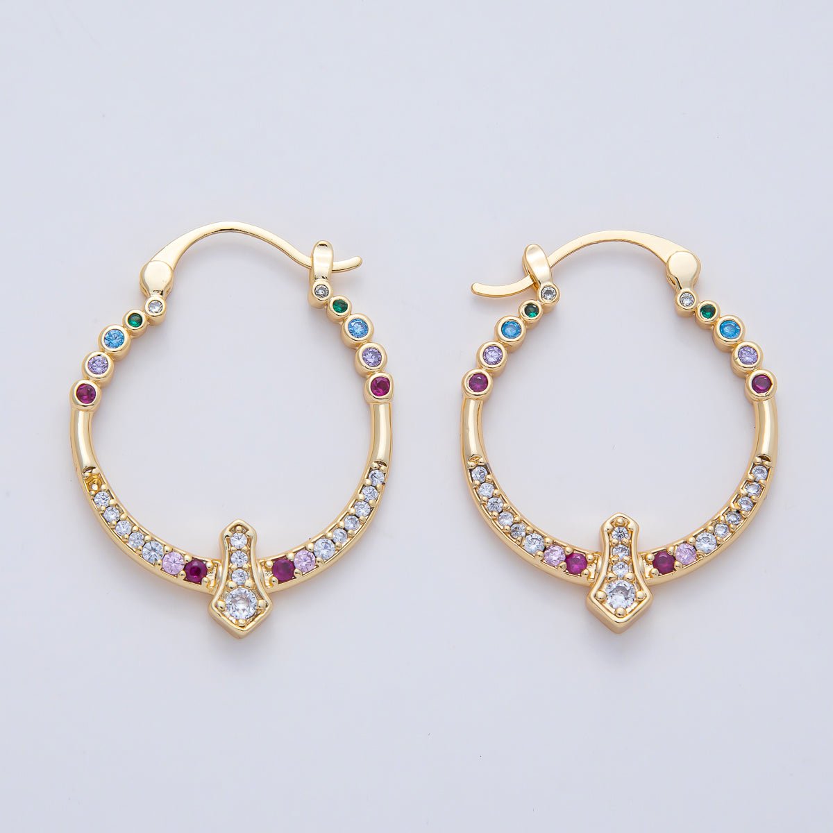 18K Gold Filled 35mm Multicolor Micro Paved CZ Geometric Latch Hoop Earrings | AD1656