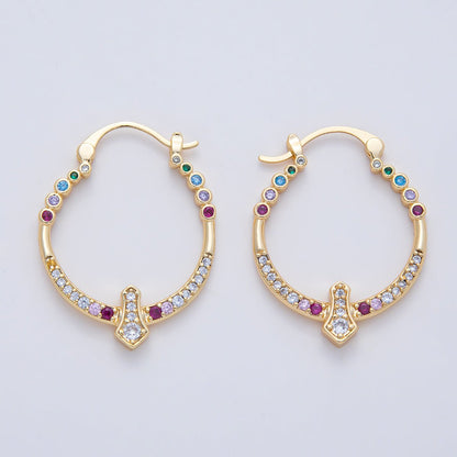 18K Gold Filled 35mm Multicolor Micro Paved CZ Geometric Latch Hoop Earrings | AD1656
