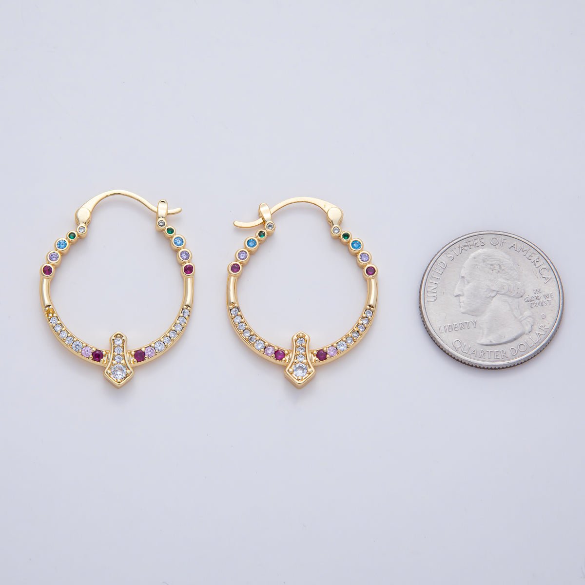 18K Gold Filled 35mm Multicolor Micro Paved CZ Geometric Latch Hoop Earrings | AD1656