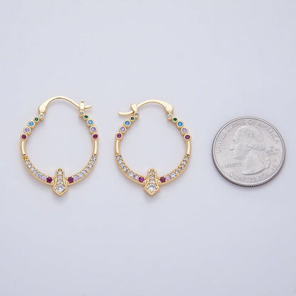 18K Gold Filled 35mm Multicolor Micro Paved CZ Geometric Latch Hoop Earrings | AD1656