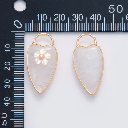 18K Gold Filled 35mm Pearl Flower Clear Quartz Heart Padlock Charm | D640