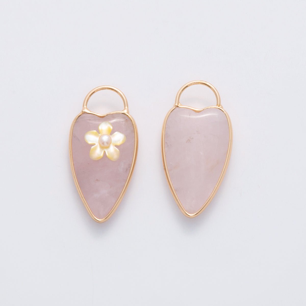 18K Gold Filled 35mm Pearl Flower Rose Quartz Heart Padlock Charm | D719