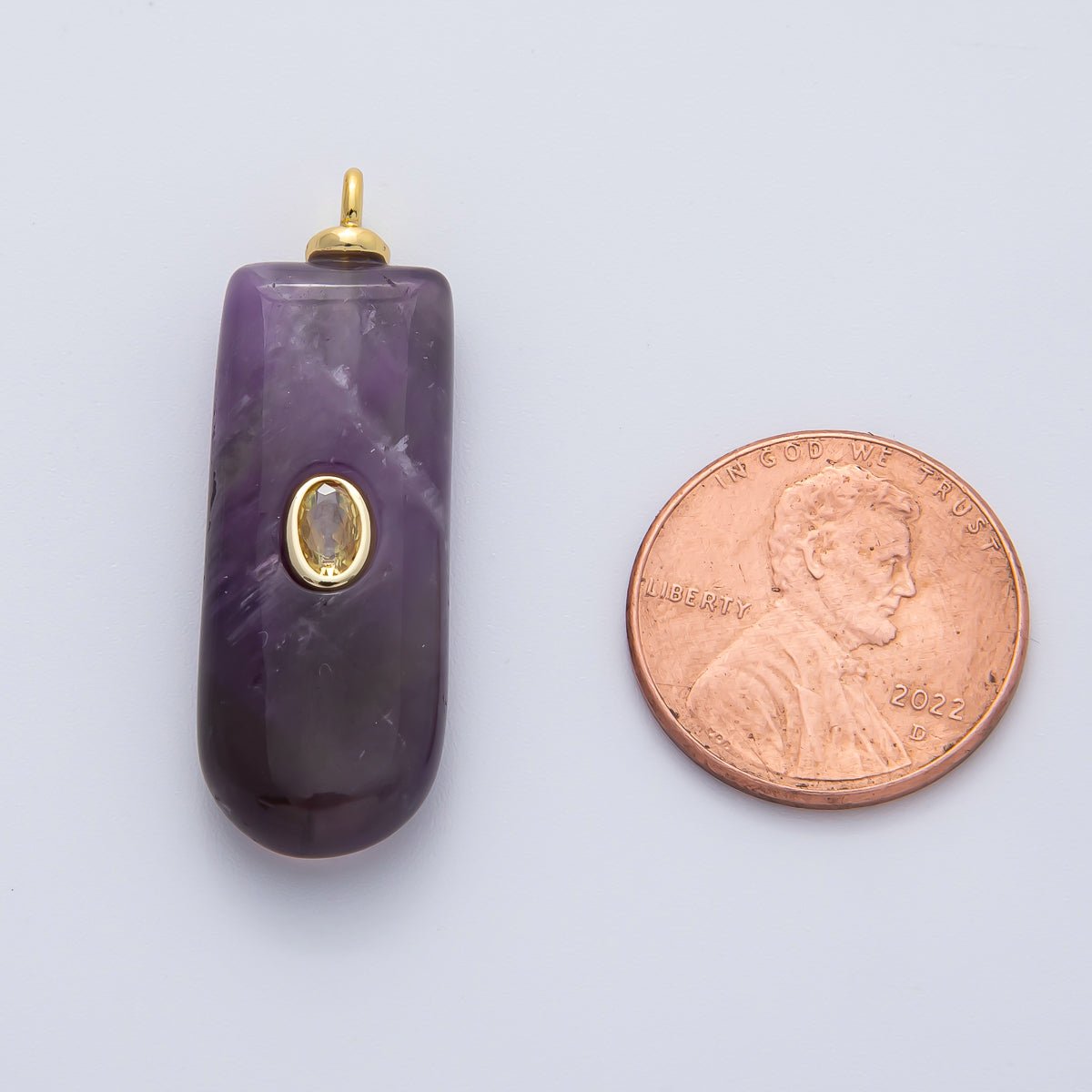 18K Gold Filled 35mm Yellow CZ Embedded Amethyst Tube Gemstone Charm | AF1445
