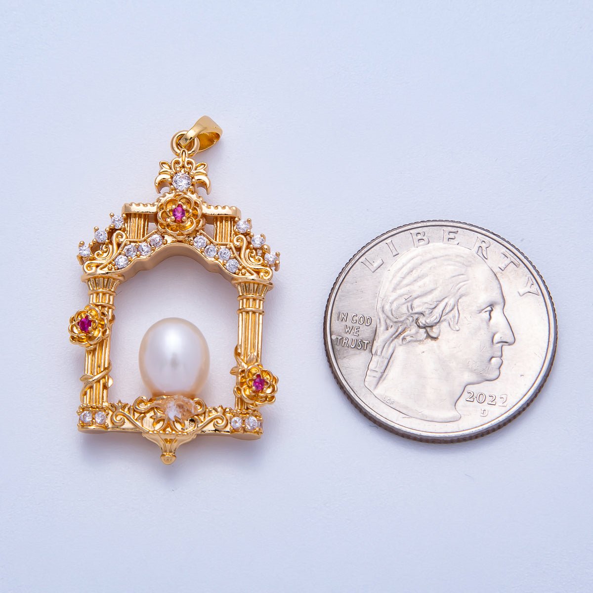 18K Gold Filled 36mm Micro Paved CZ Shell Pearl Artisan Palace Pendant in Gold &amp; Silver | Charms-00541 Charms-00542