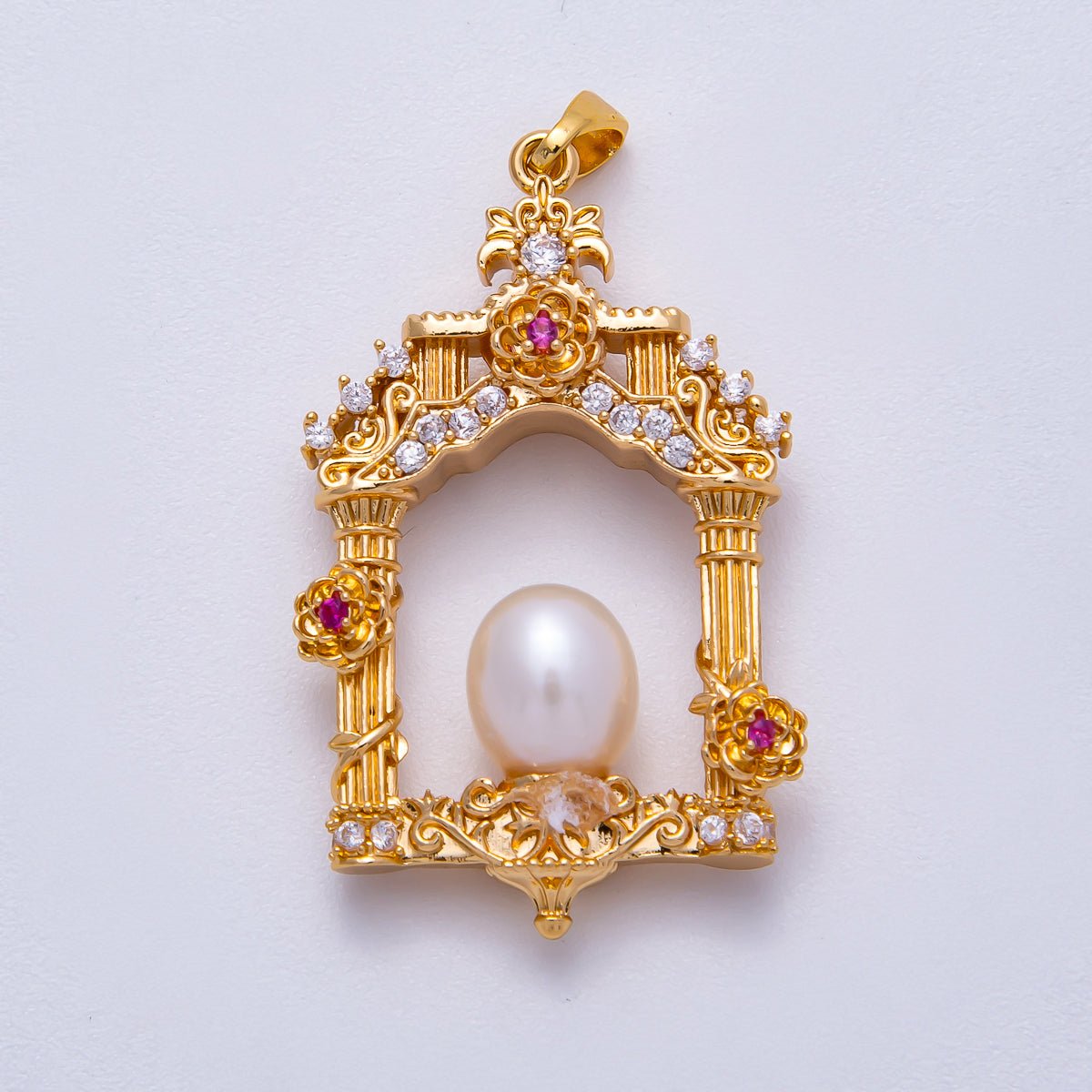 18K Gold Filled 36mm Micro Paved CZ Shell Pearl Artisan Palace Pendant in Gold &amp; Silver | Charms-00541 Charms-00542