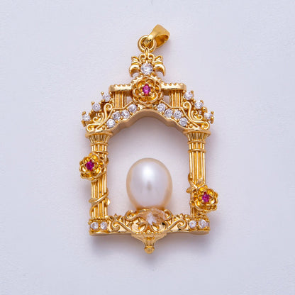 18K Gold Filled 36mm Micro Paved CZ Shell Pearl Artisan Palace Pendant in Gold &amp; Silver | Charms-00541 Charms-00542