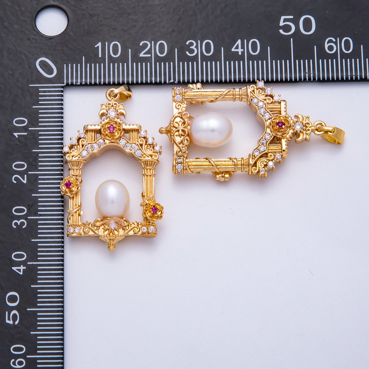 18K Gold Filled 36mm Micro Paved CZ Shell Pearl Artisan Palace Pendant in Gold &amp; Silver | Charms-00541 Charms-00542