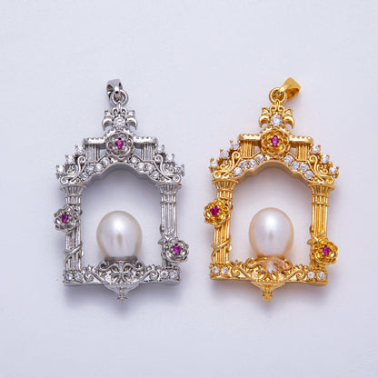 18K Gold Filled 36mm Micro Paved CZ Shell Pearl Artisan Palace Pendant in Gold &amp; Silver | Charms-00541 Charms-00542