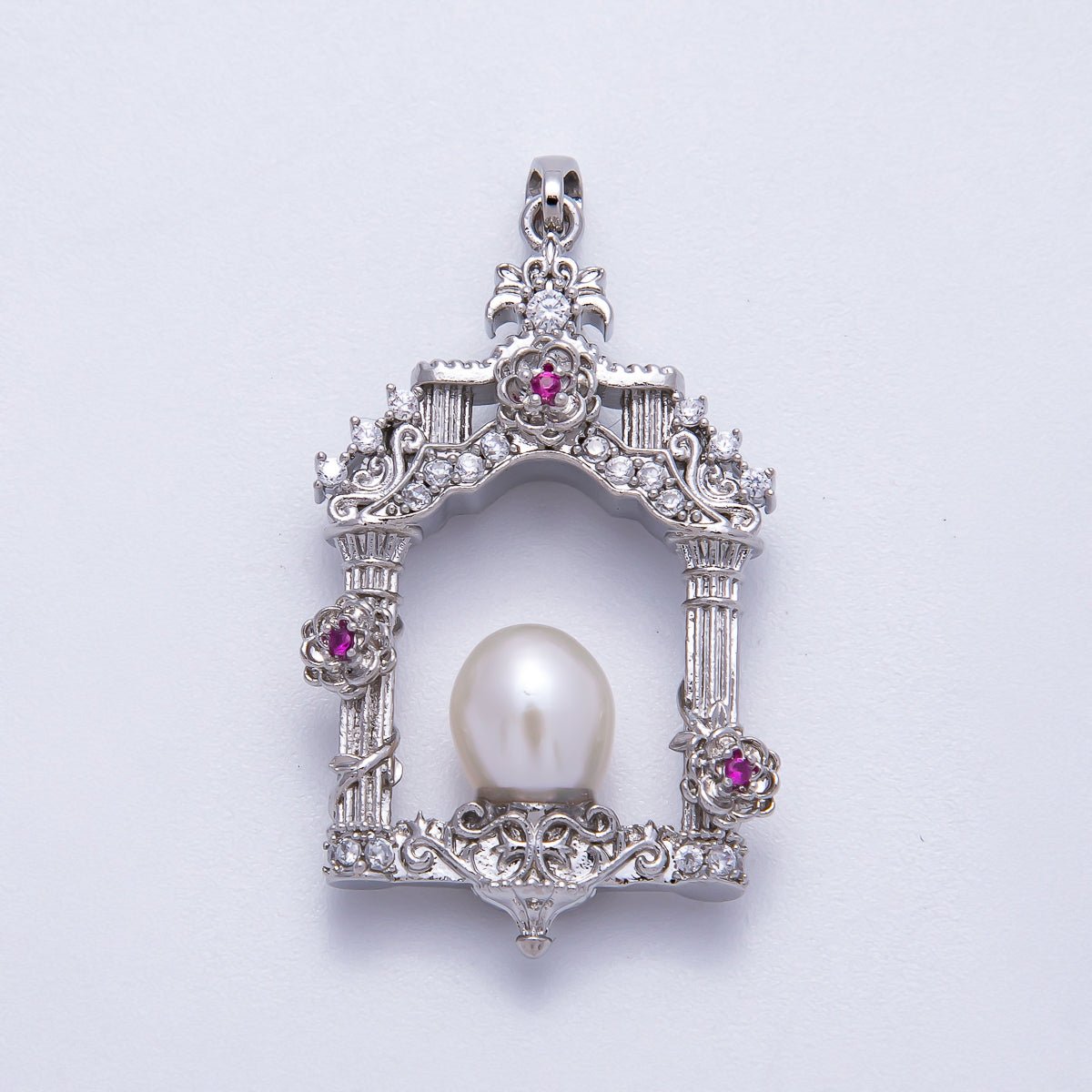 18K Gold Filled 36mm Micro Paved CZ Shell Pearl Artisan Palace Pendant in Gold &amp; Silver | Charms-00541 Charms-00542