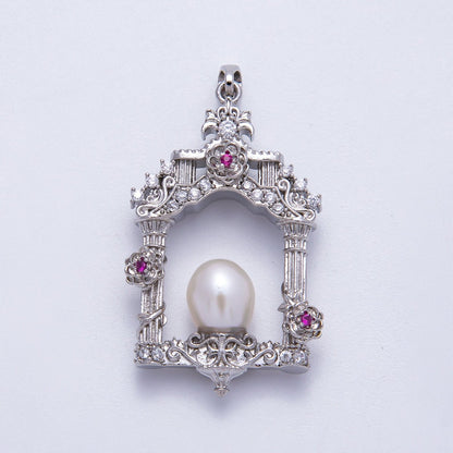 18K Gold Filled 36mm Micro Paved CZ Shell Pearl Artisan Palace Pendant in Gold &amp; Silver | Charms-00541 Charms-00542
