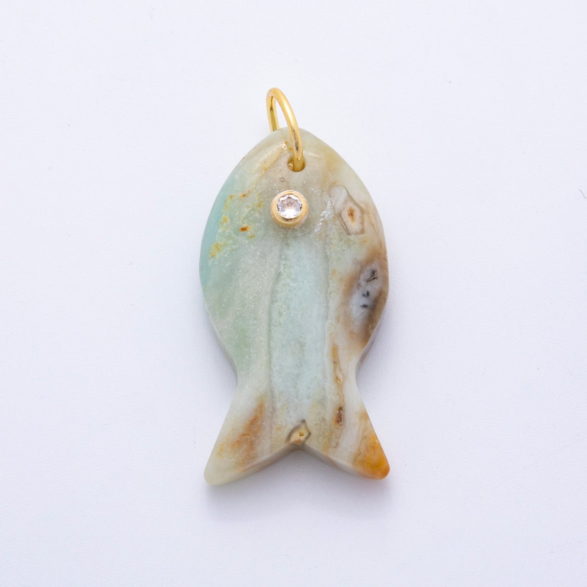 18K Gold Filled 38.8mm Clear CZ Natural Gemstone Fish Charm | D265 - D533