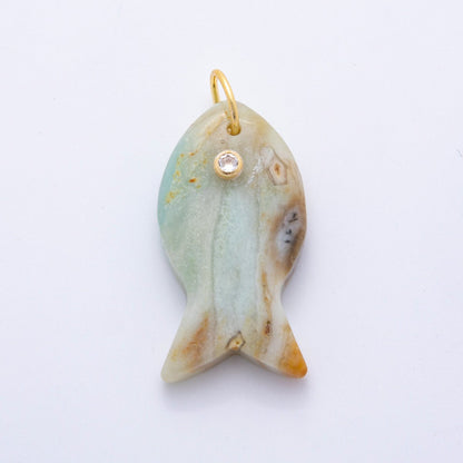 18K Gold Filled 38.8mm Clear CZ Natural Gemstone Fish Charm | D265 - D533