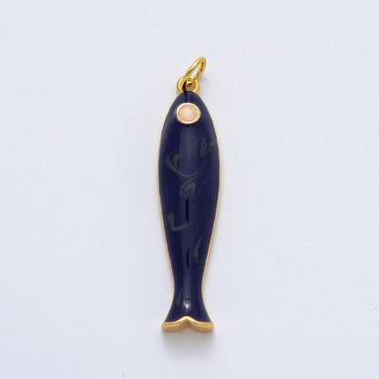 18K Gold Filled 38mm Blue, Champagne Enamel Fish Sardine Charm | AF1309