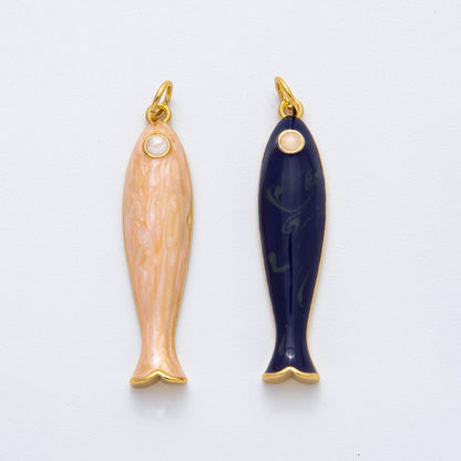 18K Gold Filled 38mm Blue, Champagne Enamel Fish Sardine Charm | AF1309