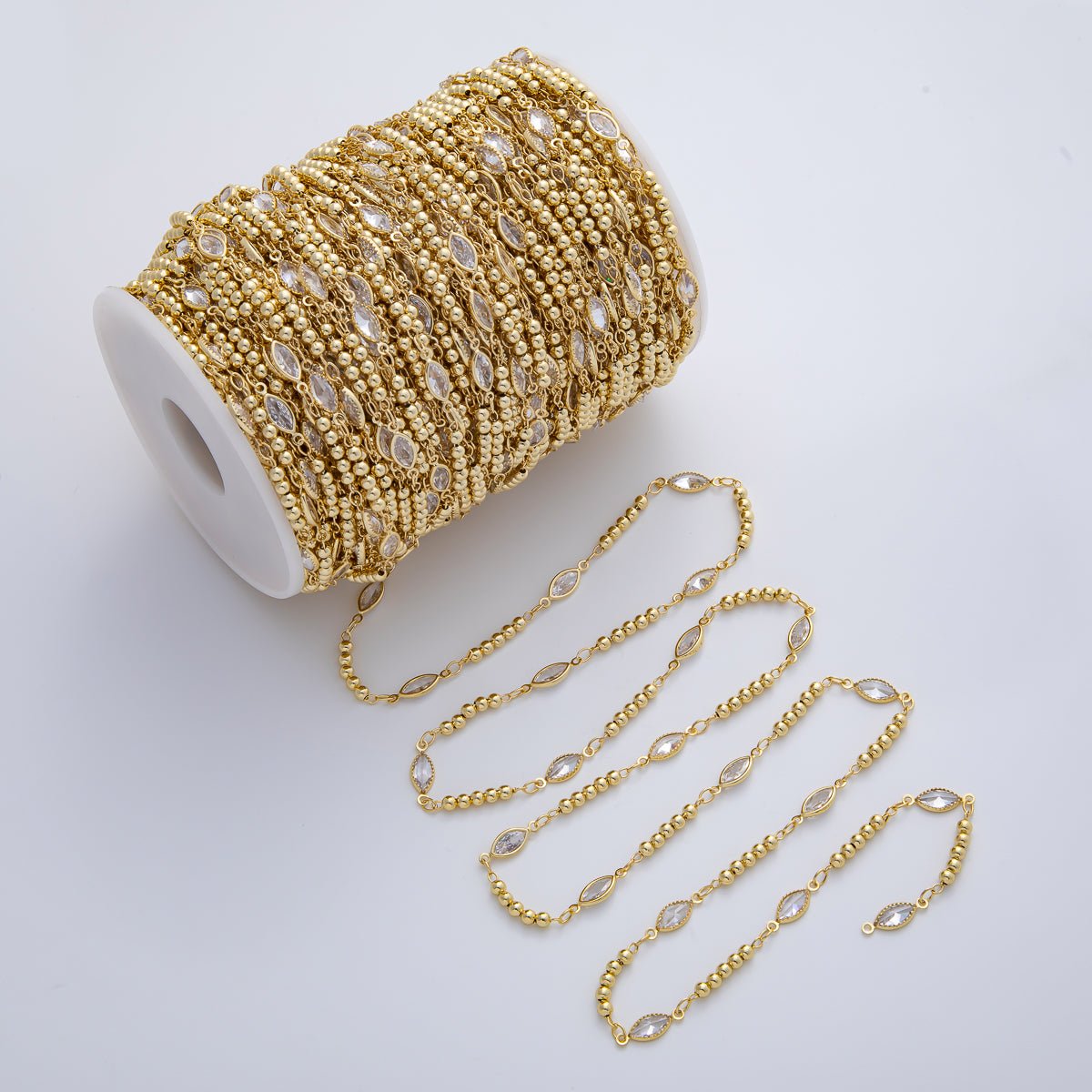 18K Gold Filled 3mm Clear Marquise CZ Bezel Ball Unfinished Chain by Yard | Roll-01775