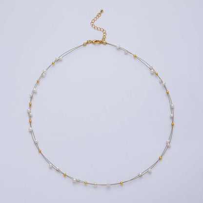 18K Gold Filled 3mm Shell Pearl Bead Wire Satellite Chain 17.5 Inch Necklace | WA-4087