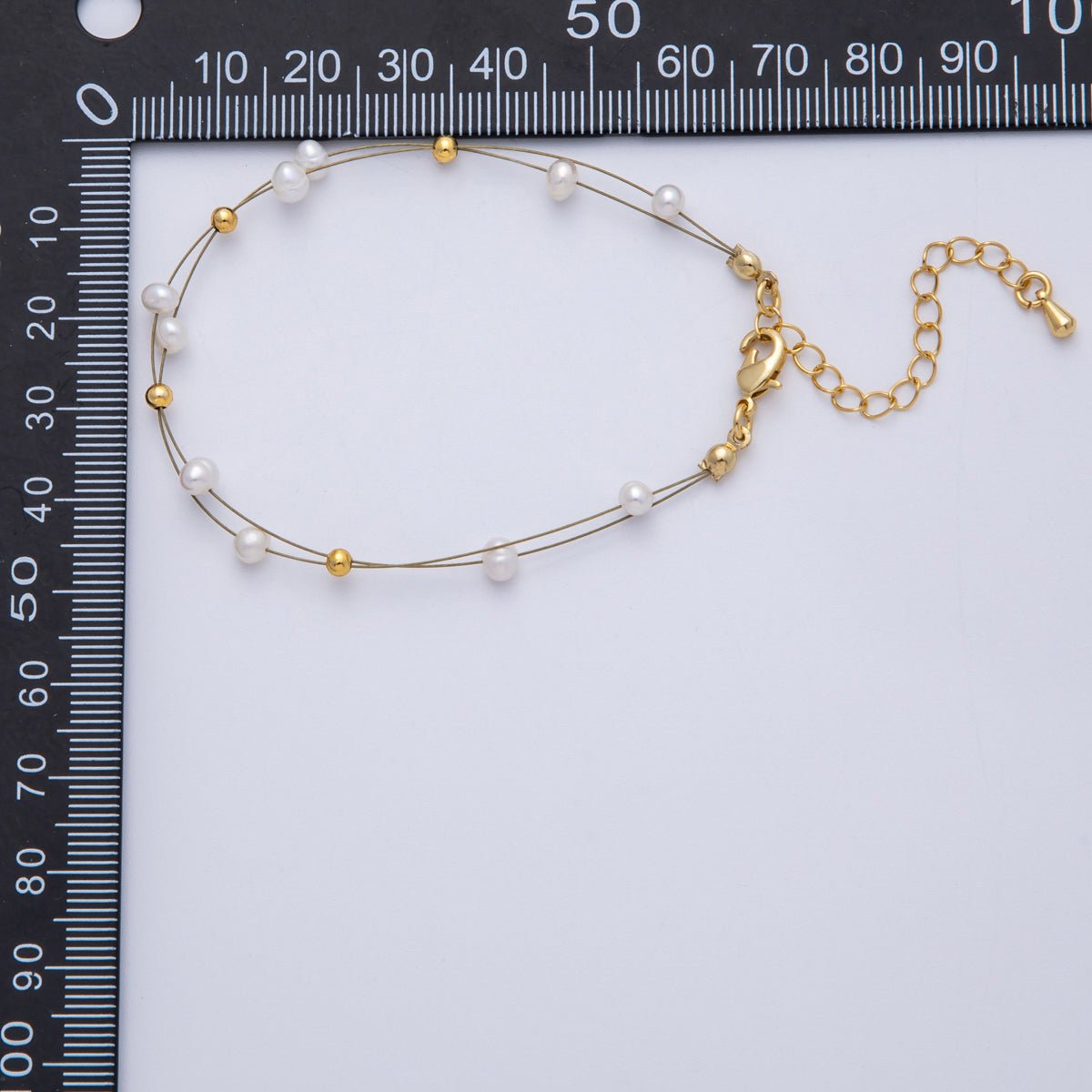 18K Gold Filled 3mm Shell Pearl Bead Wire Satellite Chain 6.9 Inch Bracelet | WA-4088