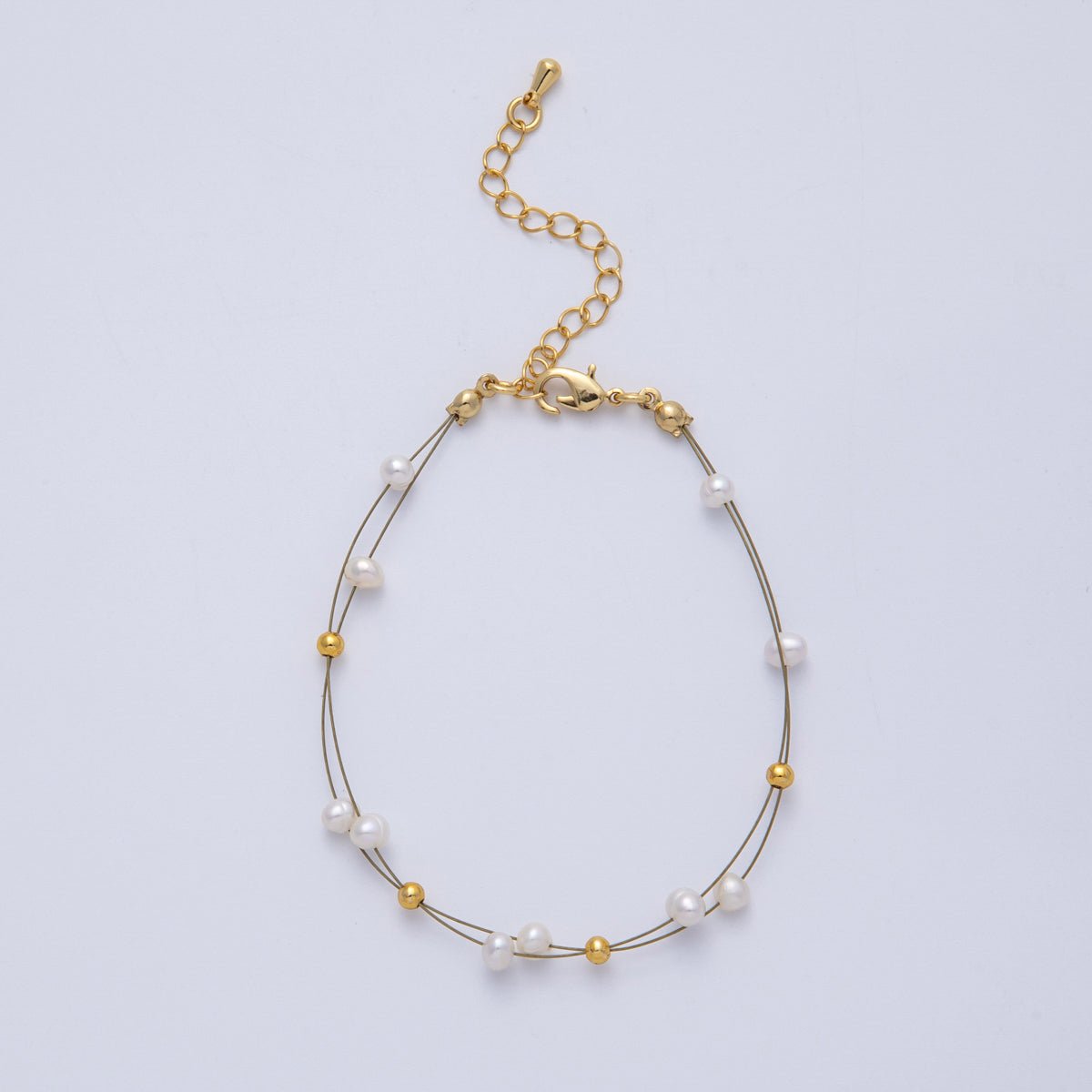 18K Gold Filled 3mm Shell Pearl Bead Wire Satellite Chain 6.9 Inch Bracelet | WA-4088