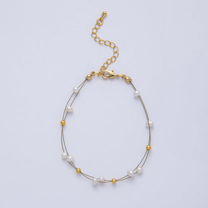 18K Gold Filled 3mm Shell Pearl Bead Wire Satellite Chain 6.9 Inch Bracelet | WA-4088