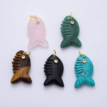 18K Gold Filled 40.5mm Tiger Stone, Obsidian, Quartz Fish Gill Gemstone Charm | AH884 - AH885