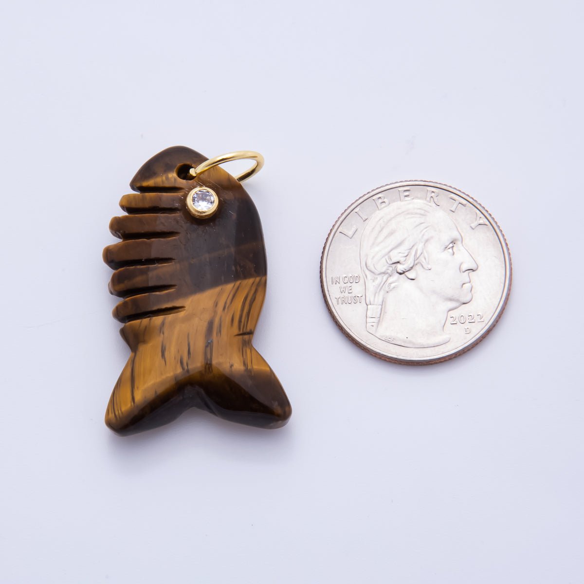 18K Gold Filled 40.5mm Tiger Stone, Obsidian, Quartz Fish Gill Gemstone Charm | AH884 - AH885