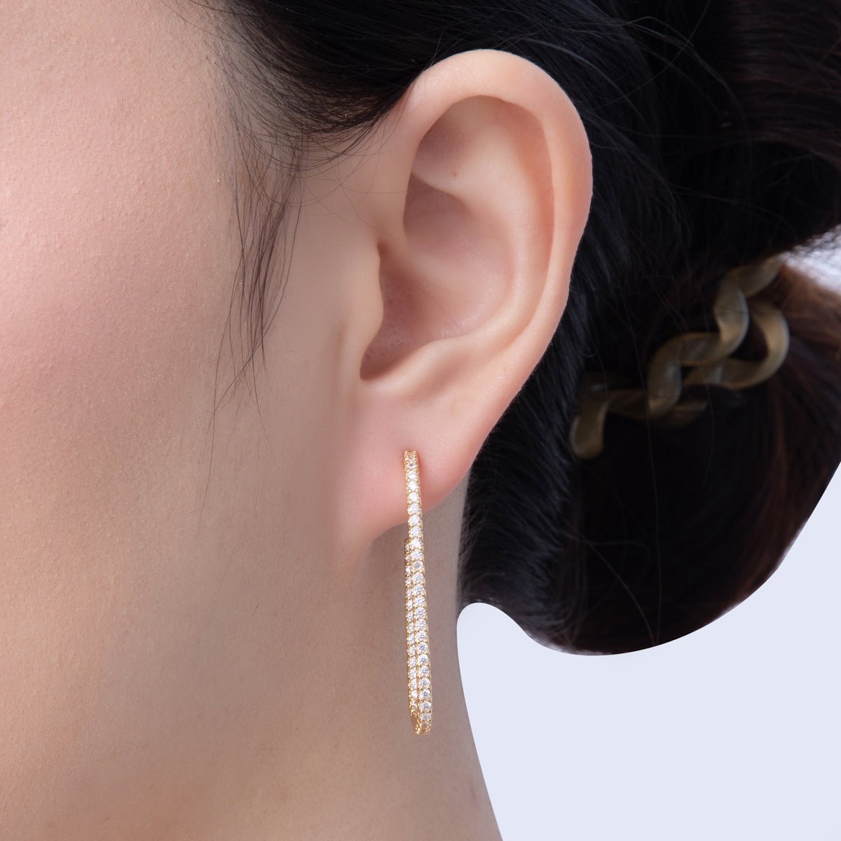 18K Gold Filled 40mm Micro Paved CZ J-Shaped Hoop Earrings | AD1635
