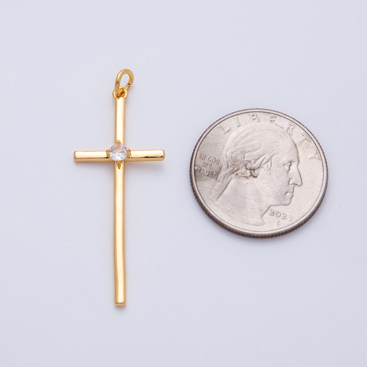 18K Gold Filled 41mm Clear CZ Religious Cross Minimalist Charm | Charms-00253